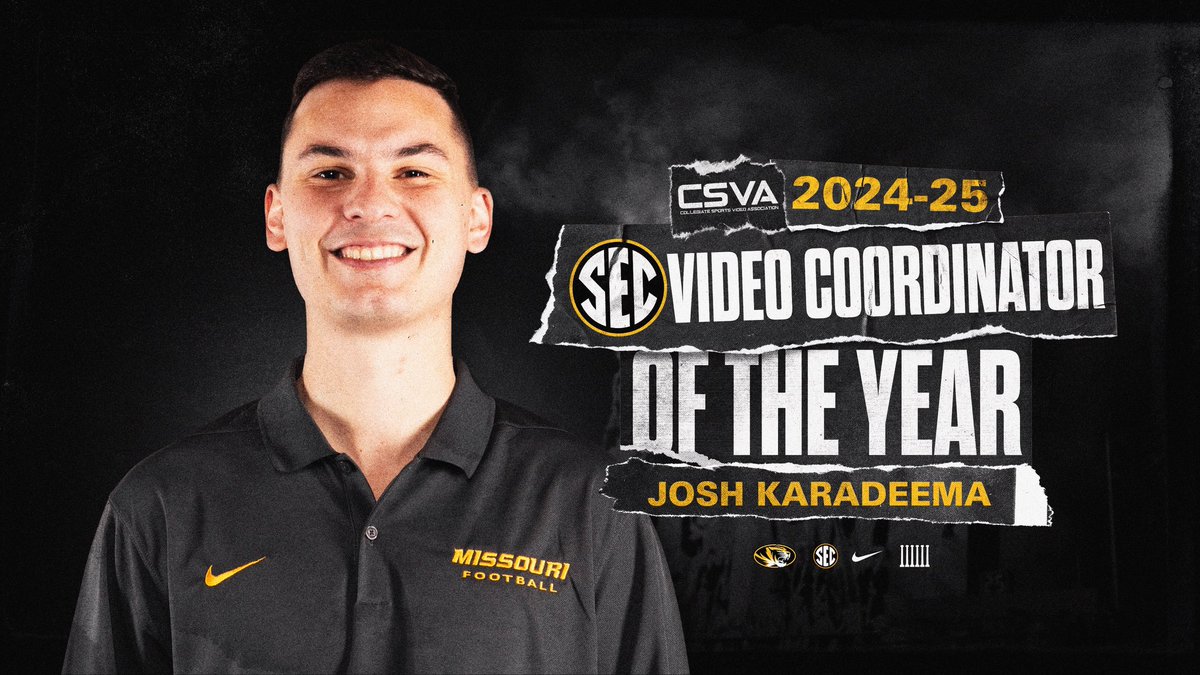 MizzouFootball's tweet photo. Congratulations Josh Karadeema for being  Honored by CSVA as SEC Video Coordinator of Year! 

@joshkaradeema 

🗞️: https://t.co/ECayIjnoTq https://t.co/yGaXbD94J7