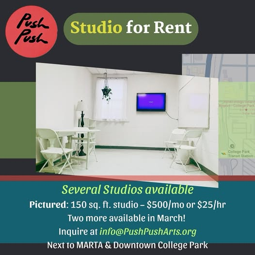 Looking for a creative space? 📷 PushPush Arts has several studios available, including our cozy 150 sq. ft. studio for just $500/month or $25/hr.
Two more studios will be available in March! Rates for established artists are negotiable—
📷 info@PushPushArts.com