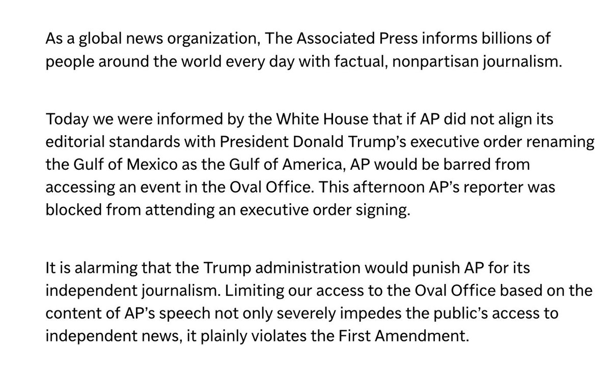 In a statement, AP editor Julie Pace said the White House told the AP if it did not align its editorial standards with Trump’s executive order renaming the Gulf of Mexico the Gulf of America, it would be barred from accessing Trump's executive order signing