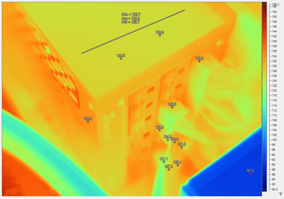 HUGE respect for <a href="/der8auer/">Roman Hartung</a> 's testing, but we're not seeing anything like his setup's results.
We tested many 5090 Founder's builds with multiple PSU &amp; cable types undergoing days of closed chassis burn-in.
Temps (images in F) &amp; amperages on all 12 wires are nominal.