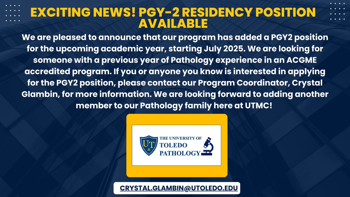 We are excited to announce the addition of a PGY-2 residency position for the upcoming year!🔬🥼 #pathology #pathx #pathtwitter #pathmatch25 #residency #pathologists @matchtopath