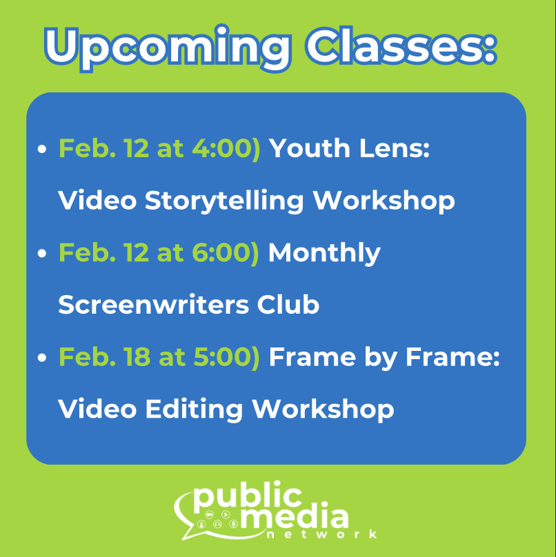 publicmedianet's tweet image. Looking for something fun to do with your evening? Join one of our classes to sharpen your media skills with hands-on experience! Learn more and register here: vist.ly/3muri8n

#LearnCreateShare #PublicMediaNetwork #VideoStorytelling #VideoEditing #ScreenwritersClub