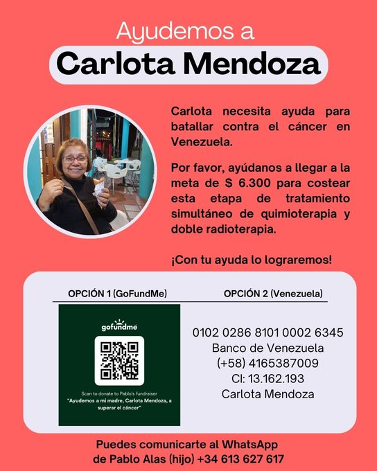eldiario's tweet photo. #ServicioPúblico | Carlota Mendoza, de 68 años de edad, madre del  periodista, investigador y profesor universitario venezolano Pablo Alas, necesita ayuda para continuar su lucha contra el cáncer. 

Hasta el momento, el tratamiento ha sido costeado con ayuda de familiares y amigos, pero necesitan ayuda para que inicie la segunda fase de tratamiento con doble radioterapia y quimioterapia, la cual debería comenzar con urgencia a partir de la semana del próximo #17Feb y por 6 semanas.

Para colaborar 👇

-GoFundMe: 
https://t.co/nMYCpem9ae

-Carlota Mendoza
0102 0286 8101 0002 6345
Banco de Venezuela
(+58) 4165387009
CI: 13.162.193