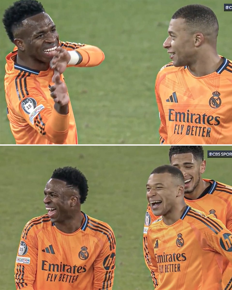 Vinicius, Bellingham, and Mbappe laughing after Mbappe's tying goal for Real Madrid 😂