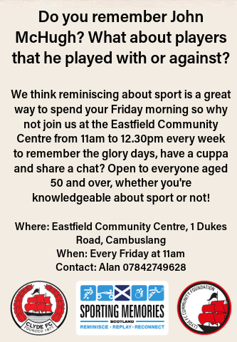 Our Sporting Memories Club moves to it's new start time of 11AM at Eastfield Community Centre this Friday.
Why not come down for a wee Valentines Day treat of some sporting nostalgia and a cuppa?
<a href="/SMN_Scotland/">Sporting Memories Scotland</a>