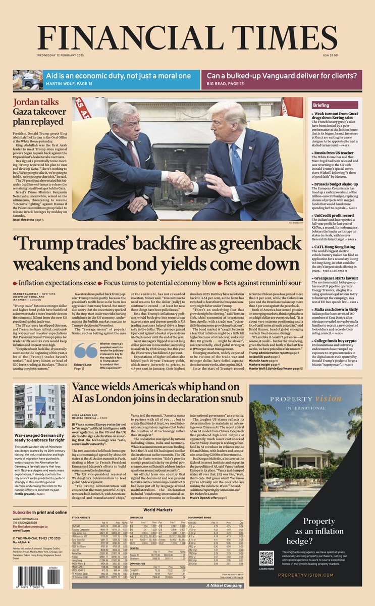 Just published: front page of the Financial Times, international edition, Wednesday 12 February on.ft.com/3WUOrNX