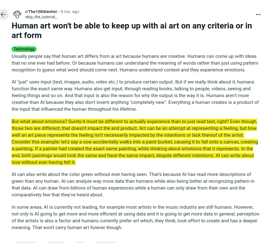 rohanpaul_ai's tweet photo. "Human art won't be able to keep up with ai art on any criteria or in art form"

(Source - Reddit) https://t.co/fQ7va2lzVC