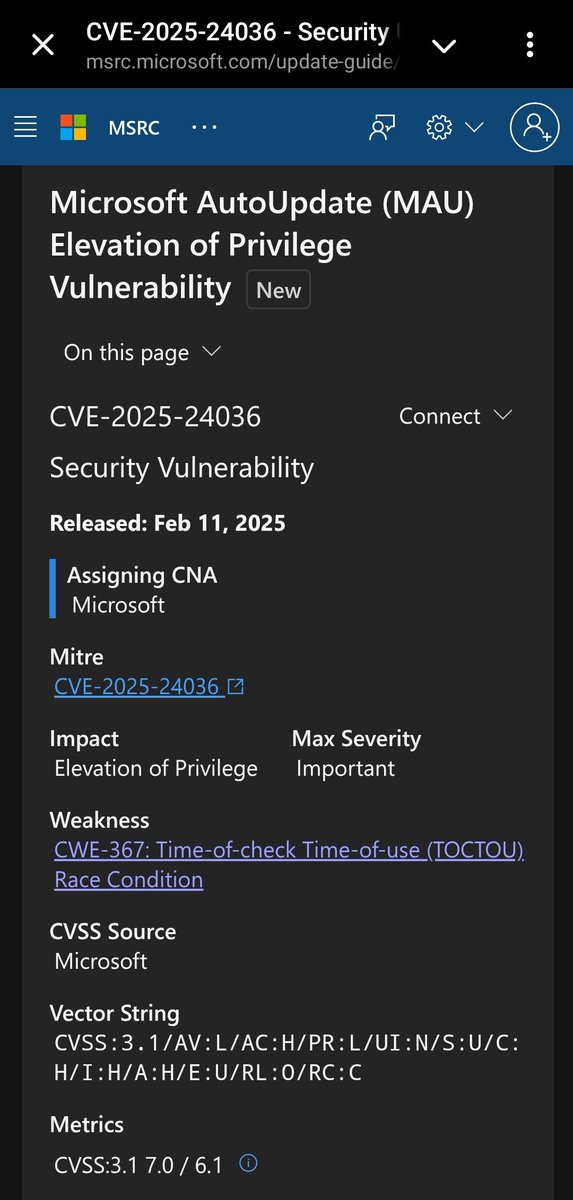 After the MS process...and the reward 🙄 our #Microsoft AutoUpdate #EoP vuln. is not a #0day anymore
Good job of our teammate <a href="/defane/">Steph 🇷🇪🇫🇷</a>
Note: it is not "just" an #LPE affecting MS products so think about this when using #O365 on your #MacBook 
msrc.microsoft.com/update-guide/v…
#patchtuesday
