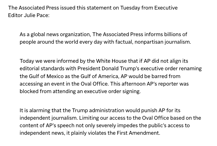 The AP says it was barred from this Oval Office press conference because its style guide over Gulf of America vs Gulf of Mexico