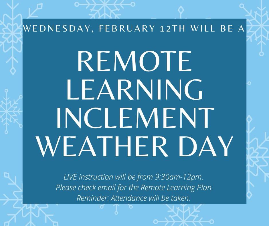Due to the anticipated timing &amp; winter weather advisory for our area, Manteno Schools will have a remote learning day Wed 2/12. All afternoon and evening activities are cancelled. The safety of our students and staff remains our top priority.