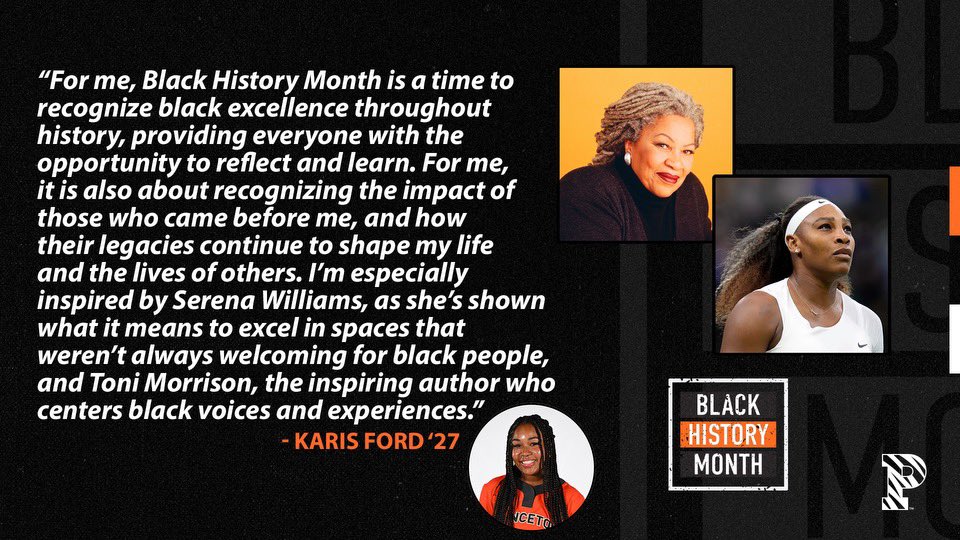 Princeton Softball (@pusoftball) on Twitter photo Karis Ford ‘27 checks in about what Black History Month means to her and drawing inspiration from two greats: 
Toni Morrison and Serena Williams 🐐 Karis Ford ‘27 checks in about what Black History Month means to her and drawing inspiration from two greats: 
Toni Morrison and Serena Williams 🐐
