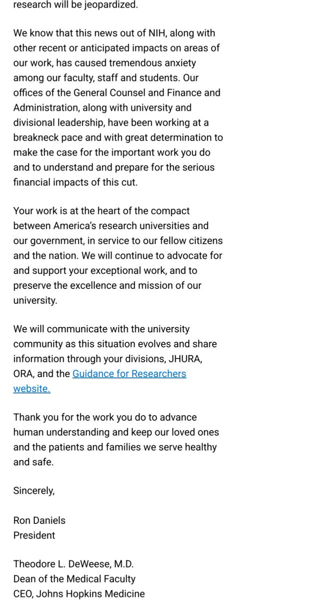 Johns Hopkins president and dean are suing over indirects but their take home pay is like 4 million. 

Why should taxpayers  give huge indirects to pay leadership these sums?

I think all leadership need pay cuts.