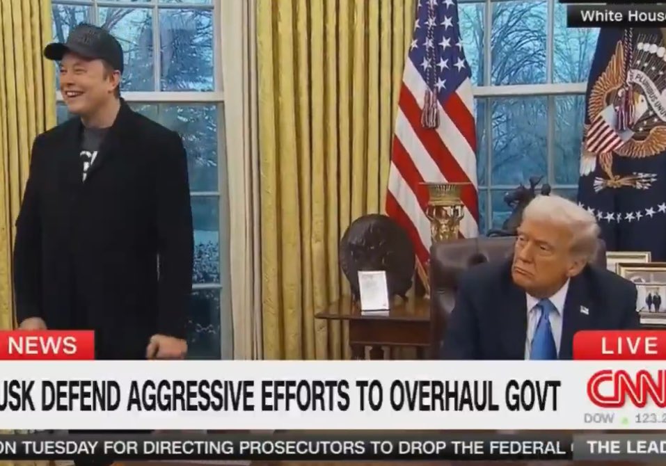 RonFilipkowski's tweet photo. Trump looks thrilled as President Musk gets most of the questions from the press today while he sits there https://t.co/s6imfMBiYR