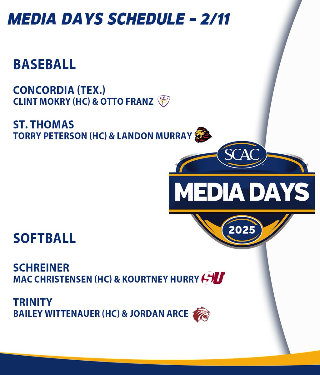 SCAC_Sports's tweet photo. Day 2⃣ of #SCACBsb &amp; #SCACSb Media Days are UP! Check out the entire schedule for today⏬

📰| https://t.co/nwSFjAbBIn

#SCACPride | #WhyD3 | #SCAC | #d3baseball | #d3sb https://t.co/PYl74VyY8f