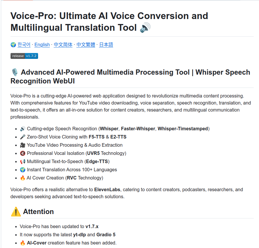 rohanpaul_ai's tweet photo. Github 👨‍🔧: Comprehensive Gradio WebUI for audio processing, powered by Whisper engines (Whisper, Faster-Whisper, Whisper-Timestamped). Features Voice Changer(RVC), zero-shot Voice Cloning (E2, F5-TTS), YouTube downloading, vocal isolation(UVR5), Text-to-Speech (Edge-TTS), and multi-language translation. Perfect for content creators and developers.

Helps you process multimedia content with AI-powered tools for YouTube video handling, voice separation, speech recognition, translation, and text-to-speech. It supports over 100 languages for speech and translation, features zero-shot voice cloning, and offers real-time translation capabilities. The tool provides a WebUI for integrated workflows and batch processing, targeting content creators and researchers needing advanced audio and video manipulation.

-------------

What it offers:

🔊 AI-powered multimedia processing for YouTube videos, voice separation, speech recognition, translation, and text-to-speech

🎤 Zero-shot voice cloning using F5-TTS & E2-TTS for creating unique voices

🎥 YouTube video download and audio extraction in various formats

🔇 Professional vocal isolation with UVR5 technology for noise removal

📢 Multilingual text-to-speech with Edge-TTS supporting 400+ voices and 100+ languages

🌍 Instant translation across more than 100 languages for subtitles and dubbing

🔥 AI cover creation using RVC technology for voice modulation and AI voice integration

💻 User-friendly WebUI with dedicated tabs for studio workflows, subtitle generation, translation, speech synthesis, and live translation

🚀 One-click installation and update scripts for easy setup and maintenance

🛠️ Batch processing for handling large volumes of multimedia files