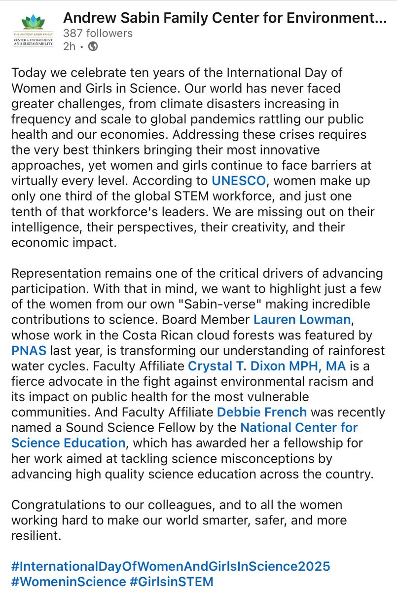 Thank you <a href="/WFUSabinCenter/">The Sabin Center</a> for lifting up our voices <a href="/WakeForest/">Wake Forest University</a> in recognition of women in the academy. #publichealth #highereducation #InternationalDayOfWomenInScience