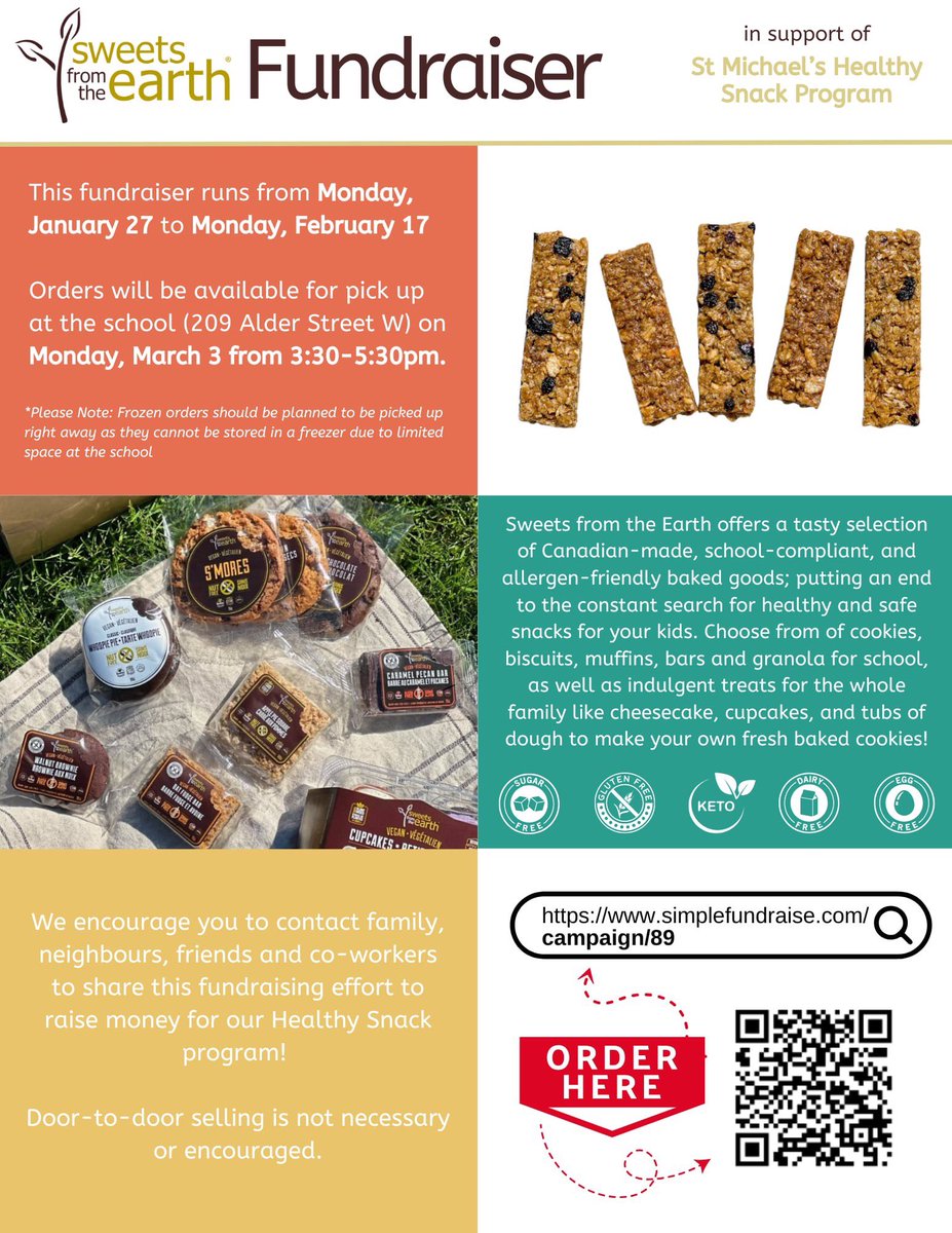St. Michael’s families and Community of Dunnville we are running a Fundraiser to support our Healthy Snack Program it runs until February 17, 2025 with orders arriving  on March 3, 2025. Check out the Sweets from the Earth!
