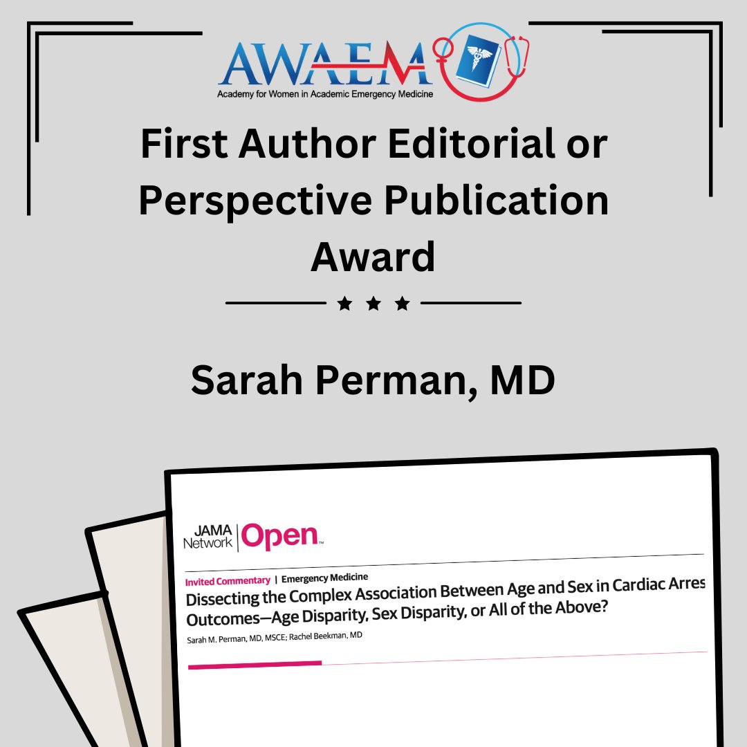 Congratulations to Dr. Sarah Perman, MD, MSCE our 2024 AWAEM First Author Editorial or Perspective Publication Award recipient!  #AWAEM #SAEM #WomeninEM
