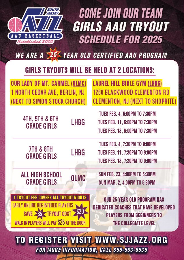‼️ SOUTH JERSEY JAZZ GIRLS TRYOUTS SCHEDULED FOR TONIGHT ARE NOW CANCELED! RESCHEDULED FOR TUESDAY FEB 25TH AT SAME TIMES‼️