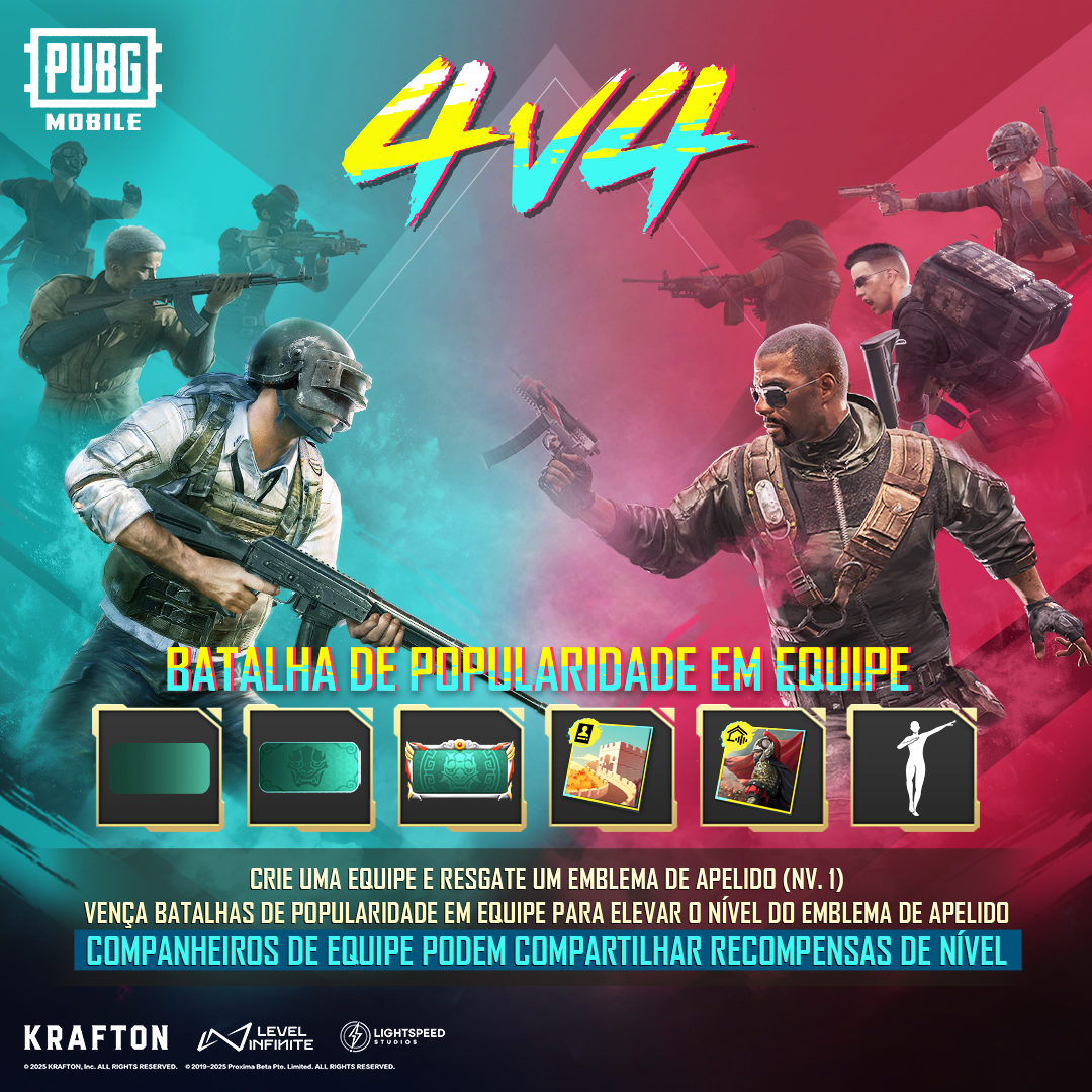 brPUBGMOBILE's tweet photo. A Batalha de Popularidade 4v4 tá de volta 🔥
Reúna seu squad, domine o campo de batalha e suba no ranking🏆
Como é que vocês estão se saindo na disputa?
#PUBGMPOPULARITY #PUBGMOBILE #PUBGM360 #PUBGMOBILEC8S22 https://t.co/ctnYIM6CSm