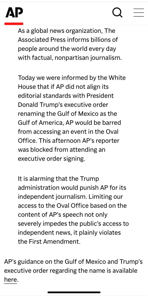 🚨🚨🚨White House bars AP from press event because it will not bend its editorial standards to his will. ap.org/the-definitive…