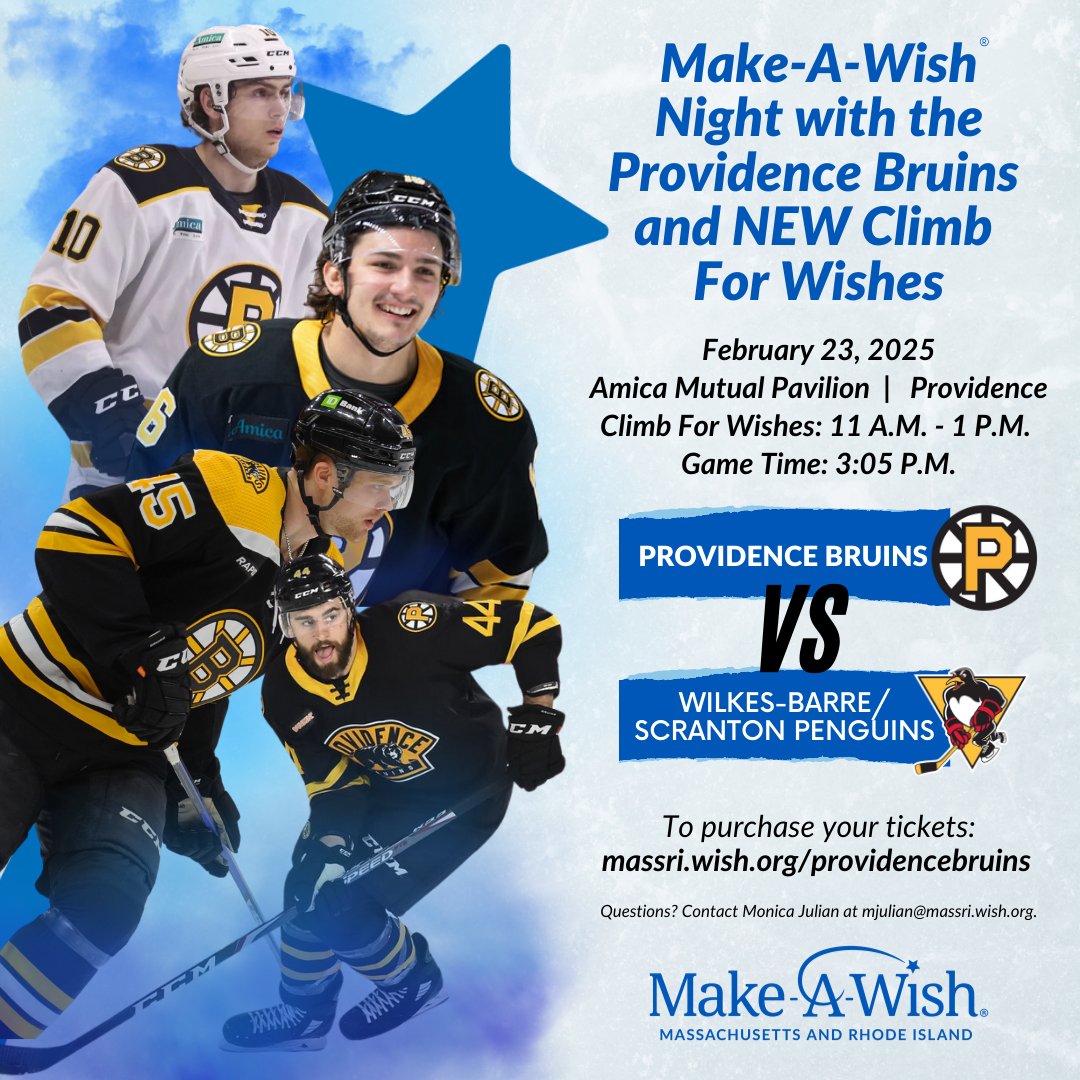 Make-A-Wish Mass RI (@makeawishmassri) on Twitter photo We are teaming up with the <a href="/AHLBruins/">Providence Bruins</a> on 2/23 as they take to the ice against the <a href="/WBSPenguins/">Wilkes-Barre/Scranton Penguins</a>. NEW this year, join us ahead of the game for Climb For Wishes. All climbers will receive a P. Bruins hat and water bottle.
Learn more and purchase tickets: massri.wish.org/providencebrui…. We are teaming up with the <a href="/AHLBruins/">Providence Bruins</a> on 2/23 as they take to the ice against the <a href="/WBSPenguins/">Wilkes-Barre/Scranton Penguins</a>. NEW this year, join us ahead of the game for Climb For Wishes. All climbers will receive a P. Bruins hat and water bottle.
Learn more and purchase tickets: massri.wish.org/providencebrui….