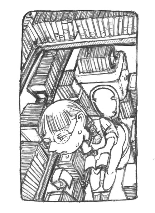 なにを描いたらよいのかわからない時は本棚や本の山を描くと良い。 