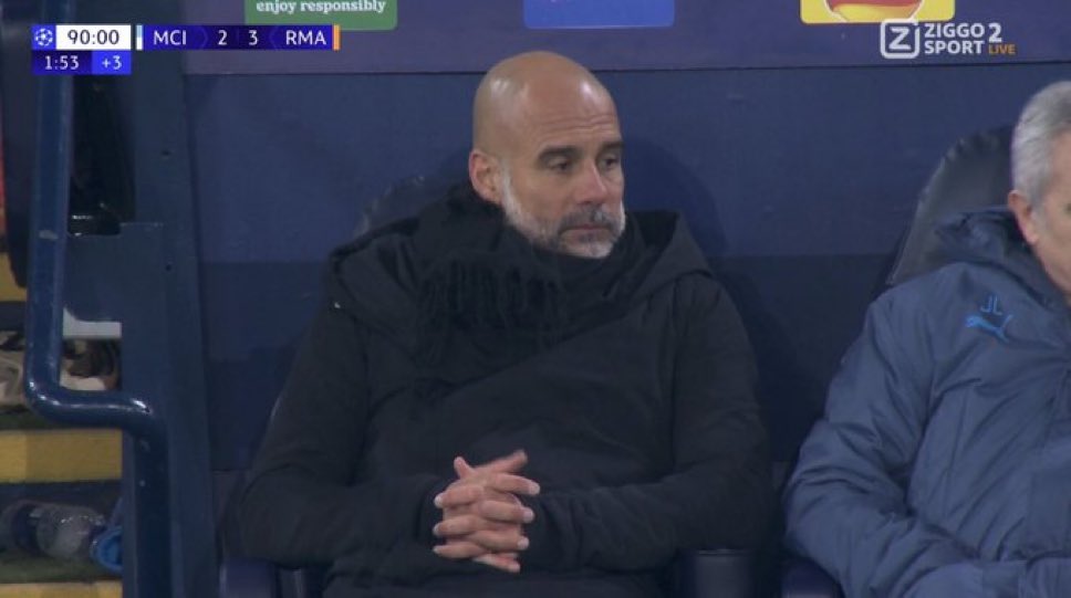 ActuFoot_'s tweet image. Pep Guardiola après le but du 3-2 pour le Real Madrid. 🫣

📸 @TheEuropeanLad