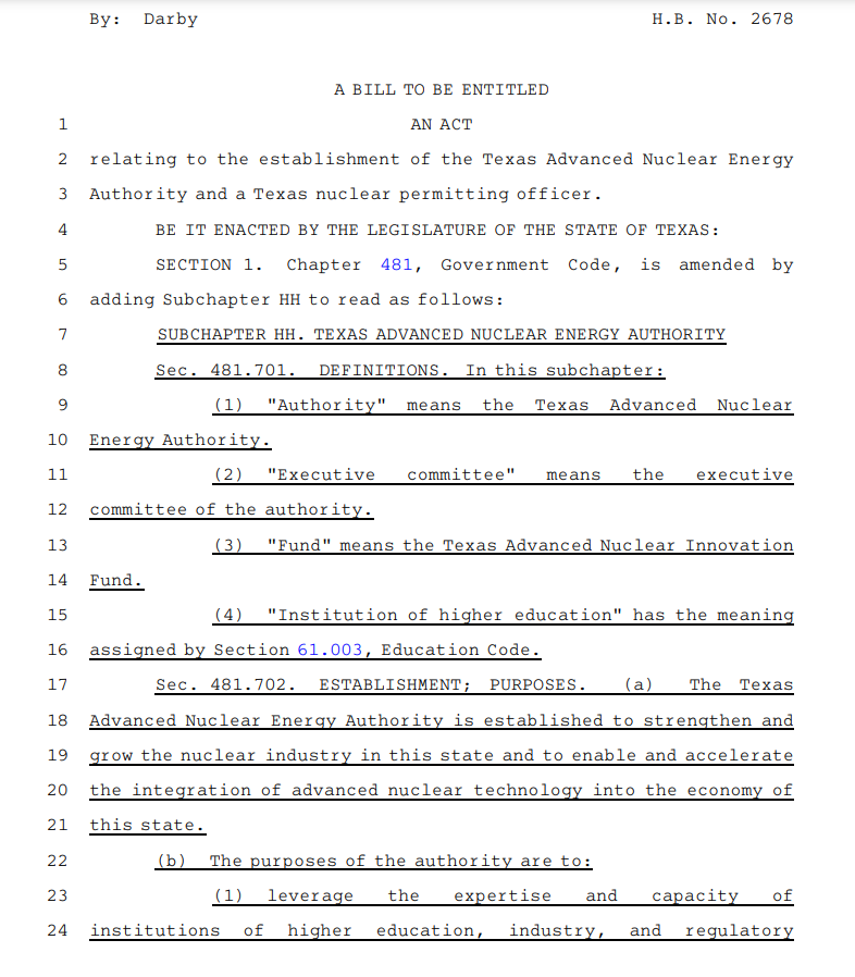 .<a href="/DrewDarbyTX/">Drew Darby</a> has filed HB 2678, which would create the Texas Advanced Nuclear Innovation Fund. #txlege 

Bill: capitol.texas.gov/tlodocs/89R/bi…