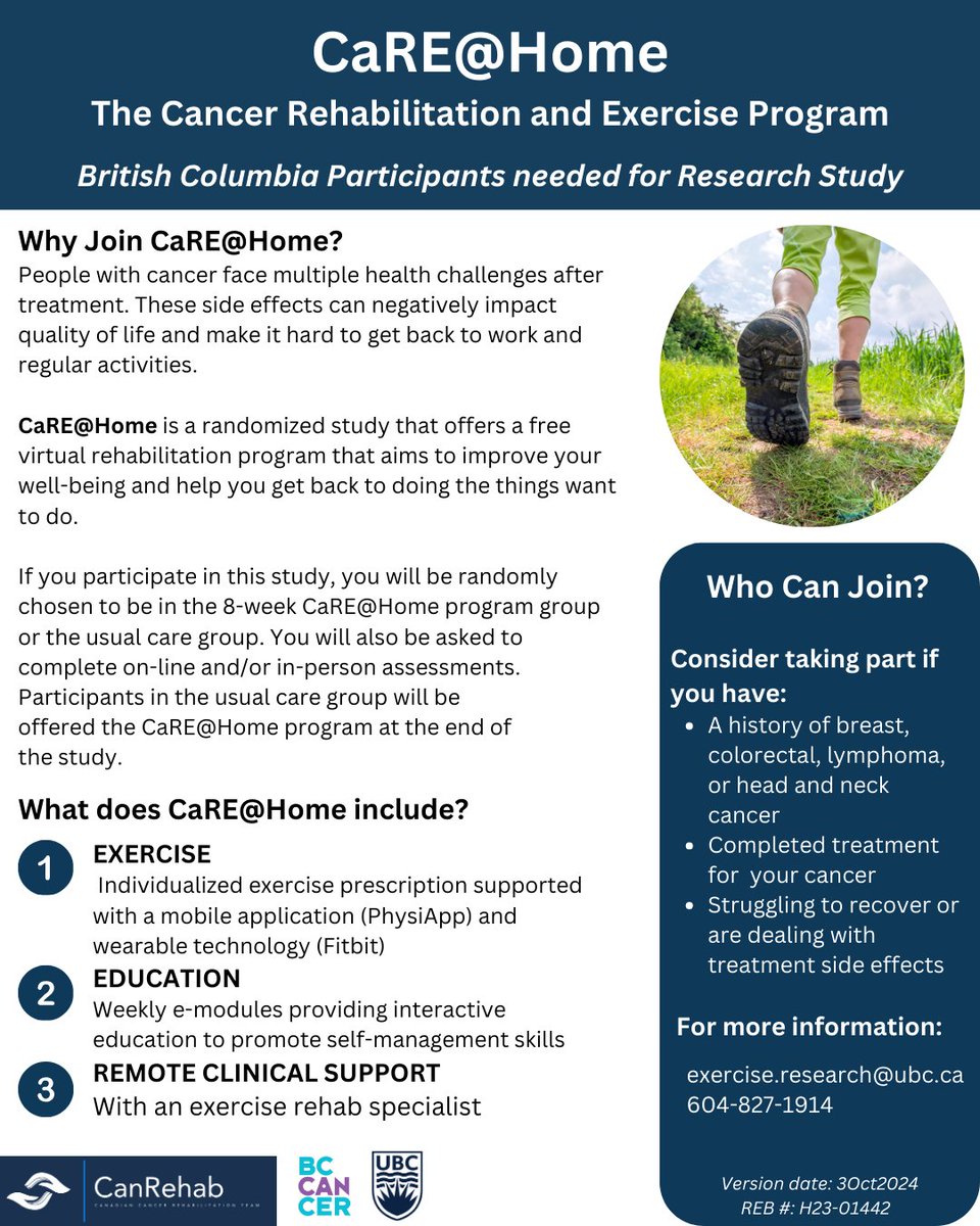 Cancer Exercise & Physiotherapy Lab (@cepl_ubc) on Twitter photo Cancer Survivors in BC – Research Study Opportunity 📢
UBC researchers are recruiting for a virtual rehab study to help with recovery after cancer treatment. Information can be found in the poster below.
Interested? Contact us at:
📩 exercise.research@ubc.ca | 📞 604-827-1914 Cancer Survivors in BC – Research Study Opportunity 📢
UBC researchers are recruiting for a virtual rehab study to help with recovery after cancer treatment. Information can be found in the poster below.
Interested? Contact us at:
📩 exercise.research@ubc.ca | 📞 604-827-1914