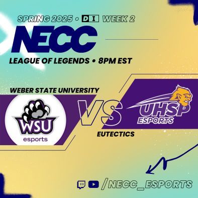 NECC (@neccgames) on Twitter photo LoL week 2 is HERE!!๐จ
Tonight, we are going LIVE with an exciting D1 LoL matchup between <a href="/WeberEsports/">WeberStateEsports</a> and <a href="/UHSPEsports/">UHSP Esports</a> ๐
Tune in below at 8pm EST for LIVE coverage of this matchup!! ๐
๐ด - buff.ly/3Uxlo1E LoL week 2 is HERE!!๐จ
Tonight, we are going LIVE with an exciting D1 LoL matchup between <a href="/WeberEsports/">WeberStateEsports</a> and <a href="/UHSPEsports/">UHSP Esports</a> ๐
Tune in below at 8pm EST for LIVE coverage of this matchup!! ๐
๐ด - buff.ly/3Uxlo1E