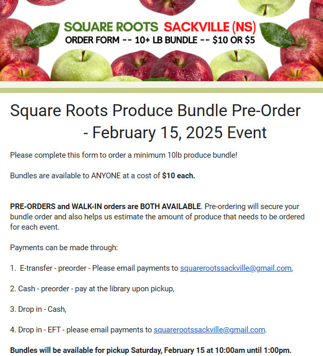 Square Roots will be at the Sackville Public Library this Saturday, Feb 15. You can stop in to pick up a bundle, but it's always better to order in advance. Please order here: docs.google.com/forms/d/e/1FAI…