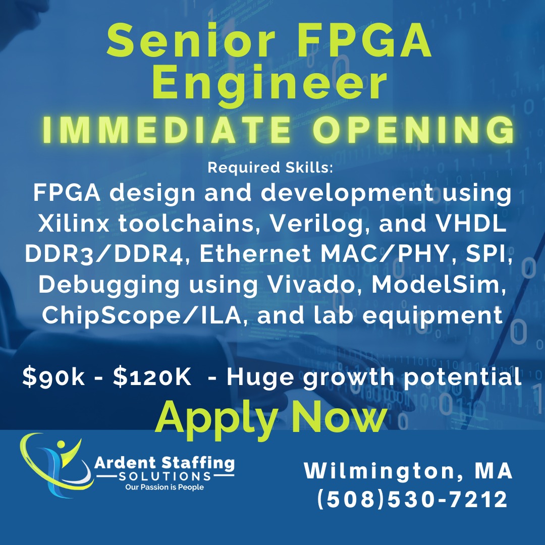 ArdentStaffing's tweet photo. Exciting Opportunity: Senior FPGA Engineer Join a growing team in Wilmington, MA, with a salary range of $90K-$120K and huge growth potential! Required skills include FPGA design, debugging with Vivado, and more. Apply now: Visit our job board for full… https://t.co/TrWbfhTGdt https://t.co/xfOR9f8mEr