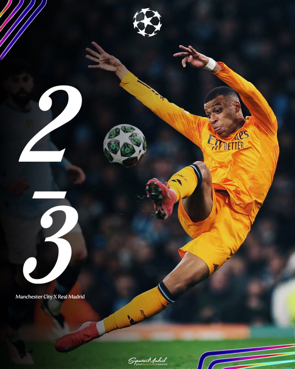🚨🏁 FULL TIME AT THE ETIHAD STADIUM!!!

Manchester City 2-3 Real Madrid

⚽ 19' Haaland
⚽ 60' Mbappé
⚽ 80' Haaland (p)
⚽ 86' Brahim
⚽ 90'+2' Bellingham.

¡VAMOOOOOOOOOOOOOS REAAAAAAL!

#UCL