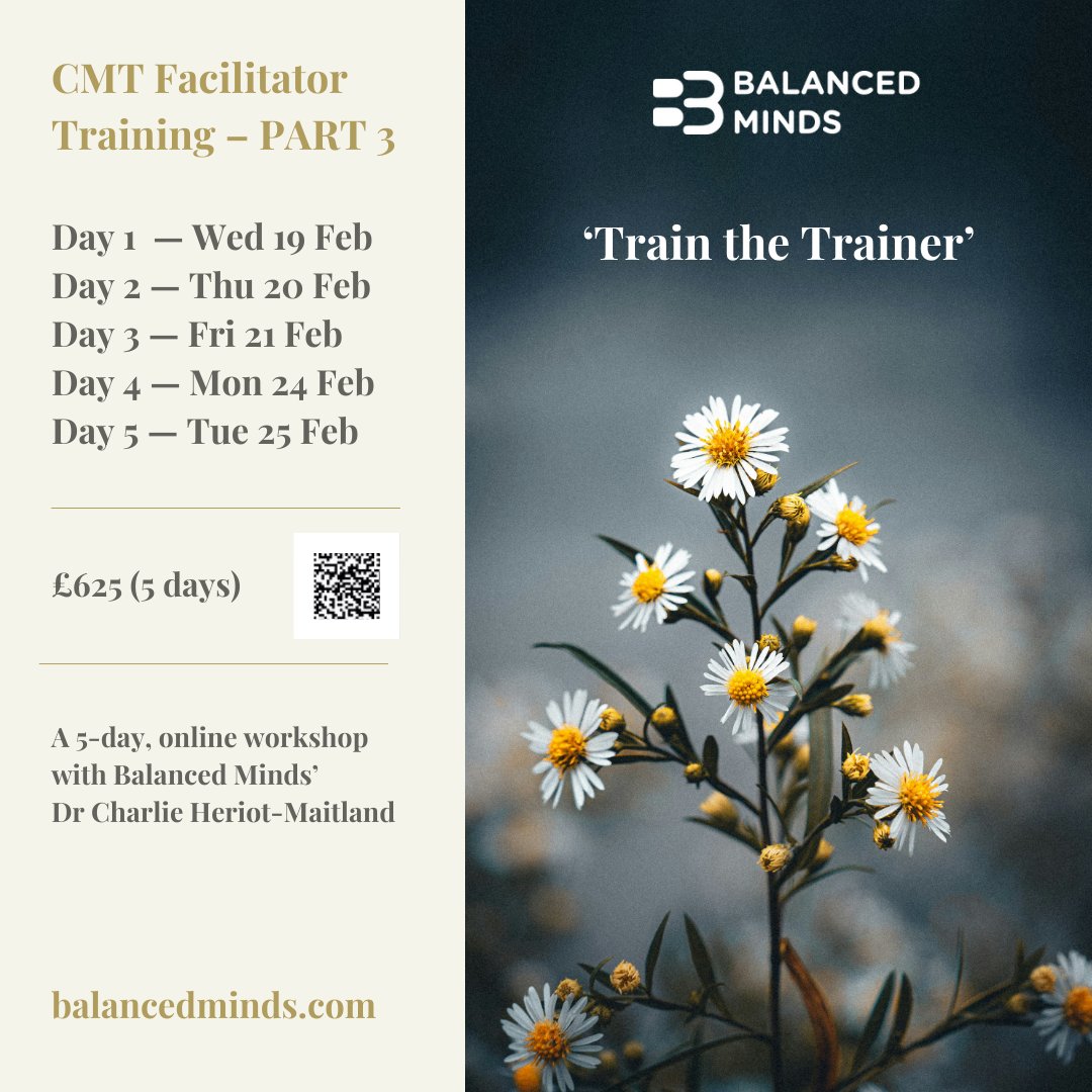 2/3 The 5-day workshop involves a comprehensive walkthrough the CMT 8-week protocol, including:
🙆🏽‍♂️ practical exercises
🤓☝️ role plays
🤔💭dealing with feedback
❓ questions, and
💡common issues