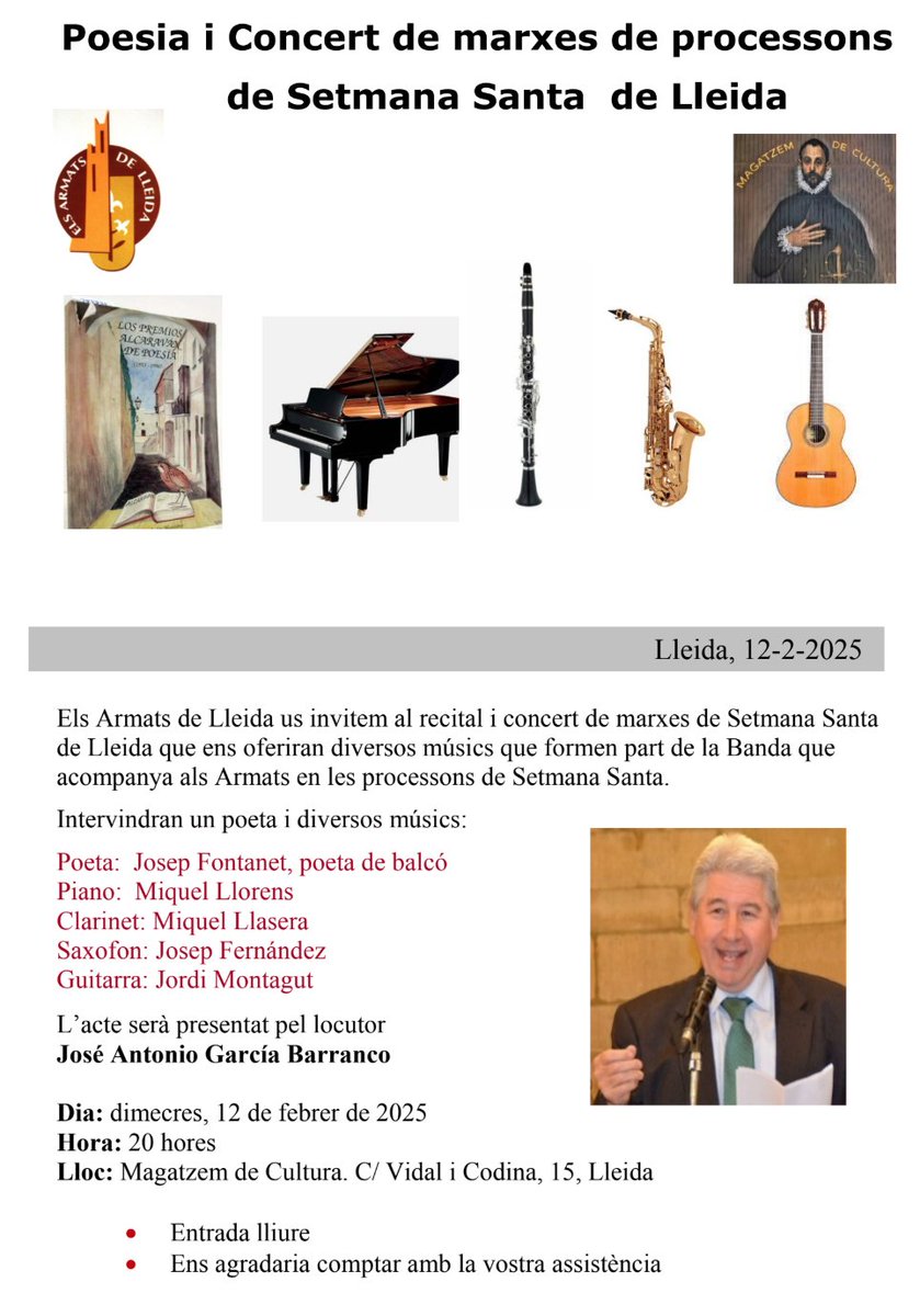 Recital y Concierto de Marchas de Semana Santa a cargo de los Armats de Lleida 
✍️ más info: cofradiaagonialleida.es/noticias/2025/…