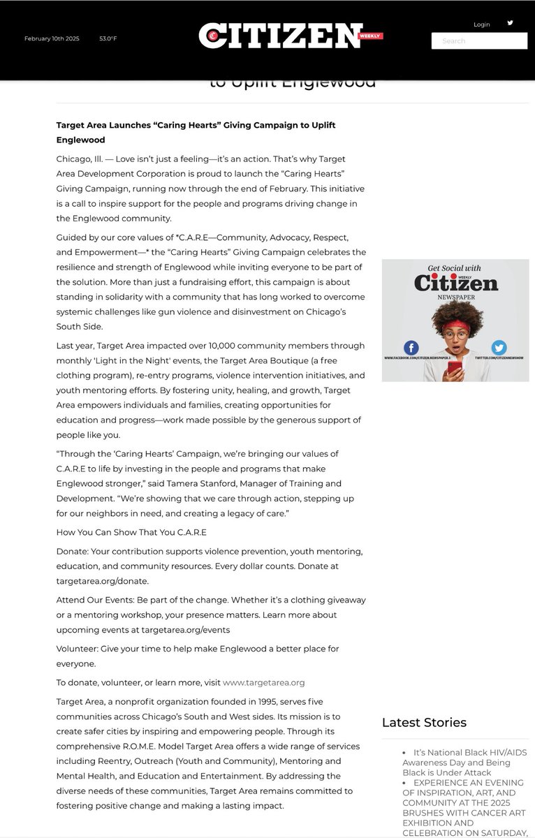 TargetArea's tweet image. We’re proud to share that the Citizen Newspaper Group recently highlighted Target Area Development Corporation's Caring Hearts Giving Campaign!

FOLLOW THE FULL STORY
shorturl.at/MYPk2
#communitymatters #caringheartscampaign #ENGLEWOODSTRONG #CollectiveImpact #targetarea