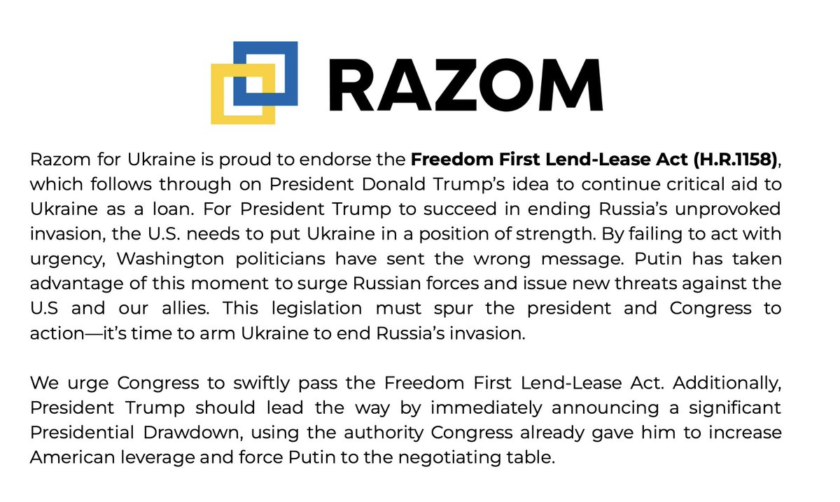 We are proud to endorse the FREEDOM FIRST LEND-LEASE ACT from <a href="/RepJoeWilson/">Joe Wilson</a> and <a href="/RepCohen/">Steve Cohen</a>. This legislation follows through on President <a href="/realDonaldTrump/">Donald J. Trump</a>'s idea to continue critical aid to Ukraine as a loan and gives him the necessary tools to force Putin to end his war.