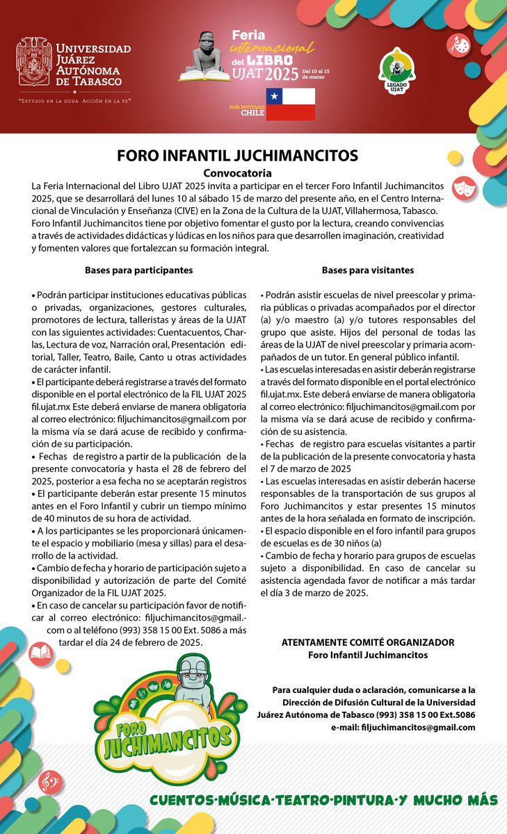La UJAT invita a las Instituciones Educativas, Promotores Culturales, Organizaciones y Público en general a participar o asistir al Foro Infantil Juchimancitos, que se realiza en el marco de la Feria Internacional del Libro 2025.
Consulta la convocatoria e inscríbete