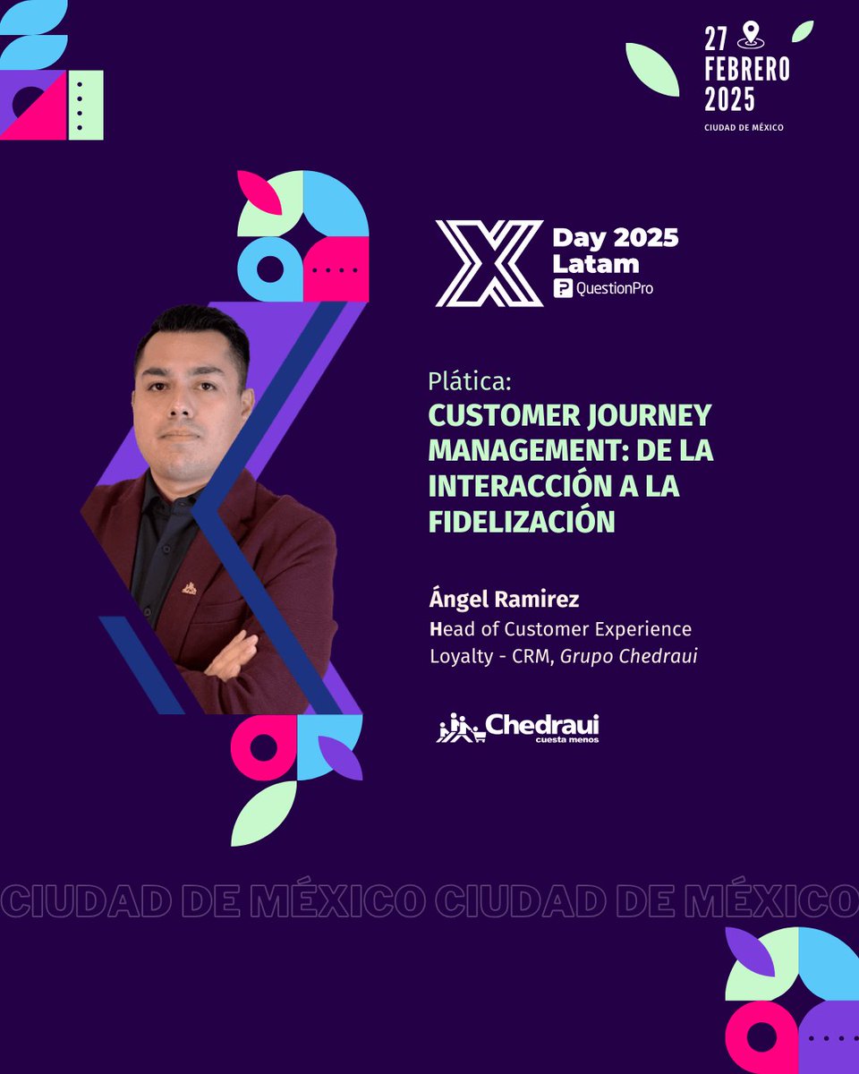 🚀 De la primera compra a la lealtad duradera. 🔁

Panel: "Customer Journey Management: de la interacción a la fidelización" con: Ángel Ramirez de Grupo Chedraui.

¡No te lo pierdas en el #XDayLATAM 2025!💡
📆 27 de Febrero | CDMX 🇲🇽

🎟️Inscríbete:
info.questionpro.com/es/xday-latam-…