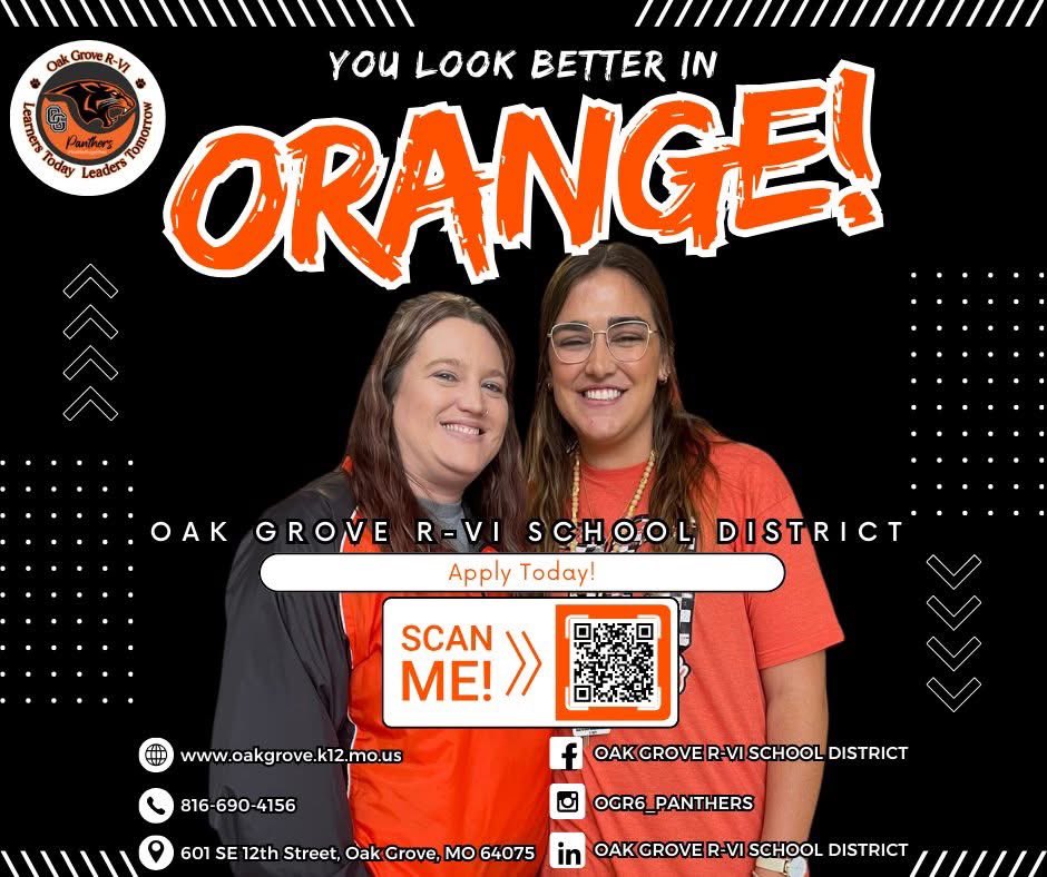 You look better in ORANGE!

Now hiring:
🍎 Teachers – All Grade Levels
🏫 Assistant Principal
💼 Support Staff
🏆 Coaching Opportunities
...and more!

Be part of a community that inspires, supports, and grows together. Apply today! 👉 applitrack.com/oakgrove/onlin…

#OGR6 #JoinOurTeam