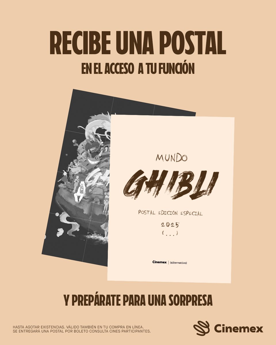 Cinemex's tweet photo. ¡Atención Fans de Studio Ghibli! Recibirás una Postal Edición Especial al ingresar a tu función de #ElViajeDeChihiro. Mantente al pendiente de nuestras redes porque habrá más sorpresas de #MundoGhibli. Si todavía no tienes tus boletos, este es el momento: https://t.co/k0T9mybf2N https://t.co/FoesFDxEEI