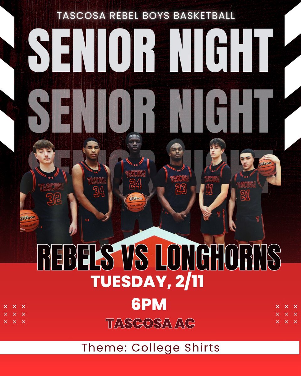 Come out tonight and help us celebrate our Seniors!
🔴⚫️🏀

Senior recognition 5:30 pm
Game time 6 pm

#rebelbasketball #txhshoops #amaisd