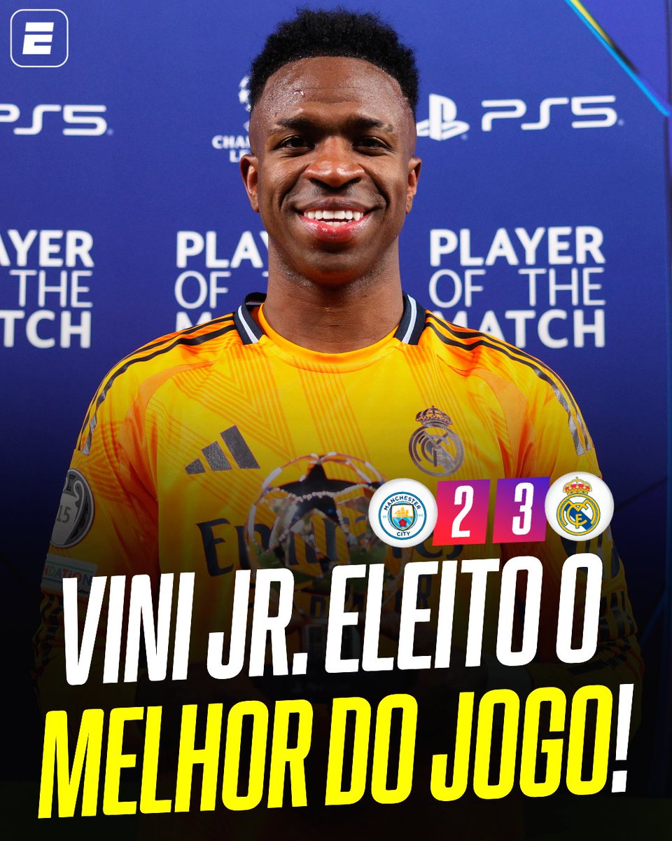 O MELHOR DA PARTIDA FOI ELE! 🤩🇧🇷 Vini Jr. ganhou o prêmio por sua atuação contra o Manchester City nesta terça-feira (11)! 🔥

#FutebolNaESPN