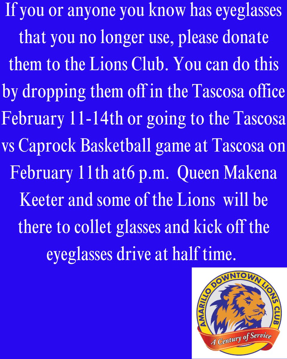 Of you're coming to tonight's game, please bring eyeglasses that you no longer use to the Tascosa vs Caprock game tomorrow at 6pm and help the Lions Club queen and Tascosa's own @makenakeeter reach her goal!

#lionsclub #eyeglassesdrive #TascosaHighSchool