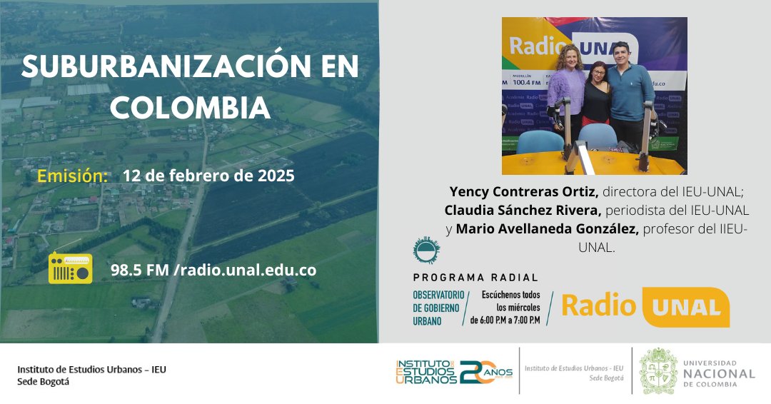 #ParaEscuchar Hoy a las 6PM no te pierdas el primer programa del 2025 del #ObservatorioGobiernoUrbano. La directora del <a href="/IEU_UNAL/">Instituto de Estudios Urbanos - UNAL</a>, <a href="/YencyContreras/">YencyContrerasOrtiz</a> y el profesor del <a href="/IEU_UNAL/">Instituto de Estudios Urbanos - UNAL</a>, <a href="/mavellanedag/">Mario Avellaneda González</a>  dialogarán sobre suburbanización en Colombia.

Por las 98.5 FM Bogotá , Radio UNAL.
