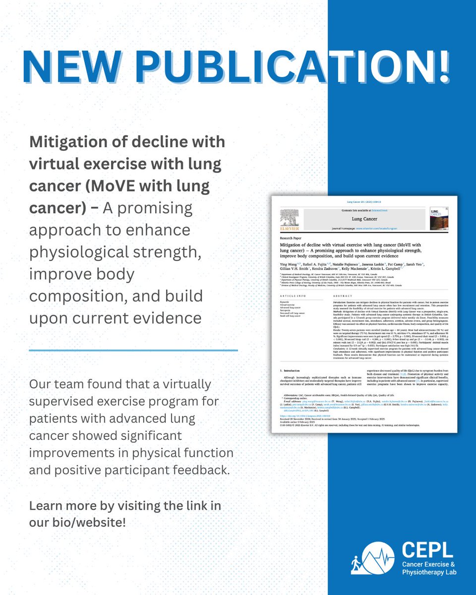 Cancer Exercise & Physiotherapy Lab (@cepl_ubc) on Twitter photo We are excited to share that our MoVE with lung cancer pilot study has just been published in Lung Cancer! 🫁
Read the full article here: sciencedirect.com/science/articl…
<a href="/KLCampbellPhD/">Kristin Campbell, PhD</a> We are excited to share that our MoVE with lung cancer pilot study has just been published in Lung Cancer! 🫁
Read the full article here: sciencedirect.com/science/articl…
<a href="/KLCampbellPhD/">Kristin Campbell, PhD</a>