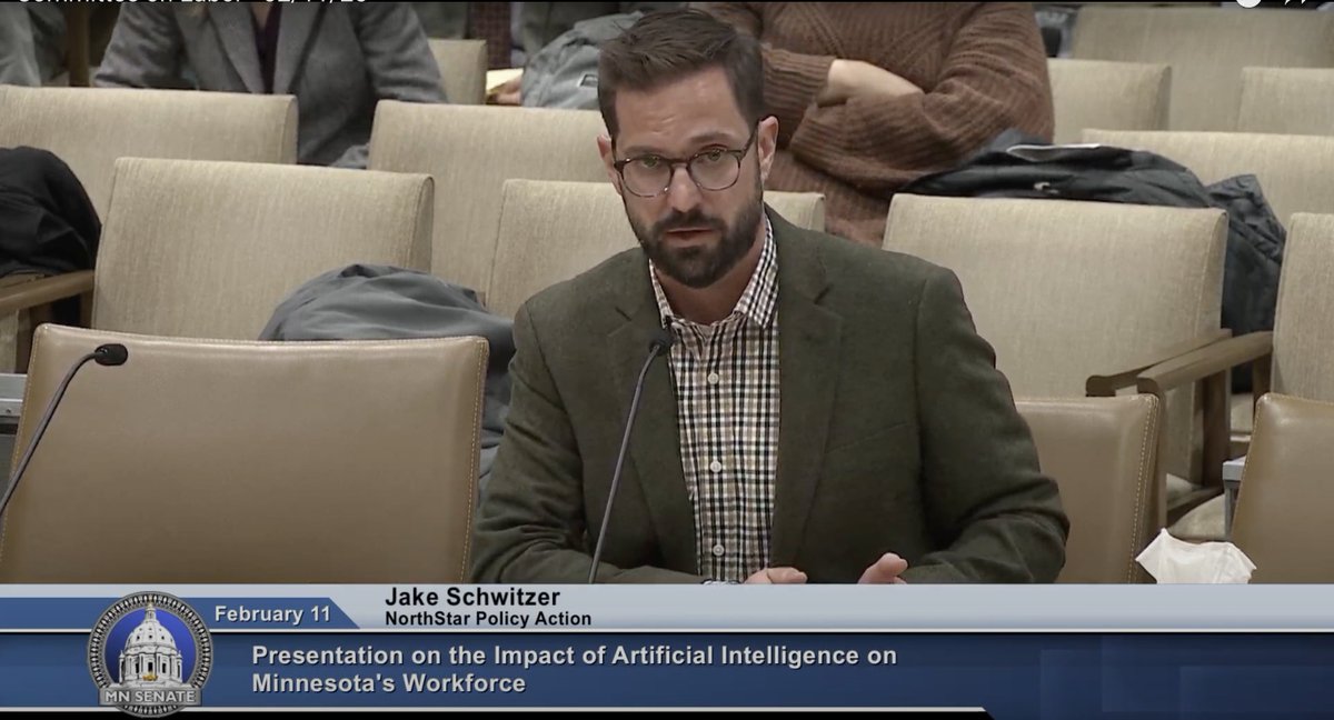 Today our research was the centerpiece of an important conversation about AI's impact on Minnesota's workers at the Minnesota Senate Labor Committee. AI adoption is moving faster than our public policies, and workers are already feeling the effects. northstarpolicy.org/progress-and-p…