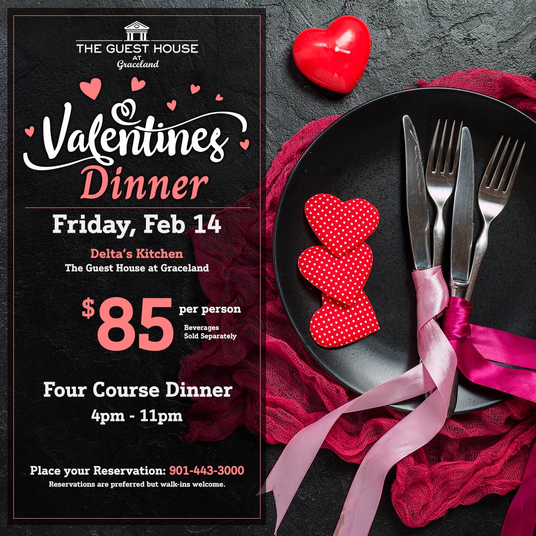 GHGraceland's tweet photo. Treat yourself and your special someone to our romantic Valentine's package, complete with a cozy one-night stay, chocolate-covered strawberries, and a bottle of champagne waiting in your room!

Plus, join us on Valentine's Day, Friday, February 14, for a delicious four-course dinner at Delta's Kitchen, followed by an intimate performance of Elvis Love Songs by Terry Mike Jeffrey at The Guest House Theater. And don't miss our exclusive six-course Moonshine Over Memphis Dinner at the Jungle Room Bar on February 15, complete with hand-crafted moonshine pairings! 🌹💌

More info: https://t.co/w8tlIuDvhu