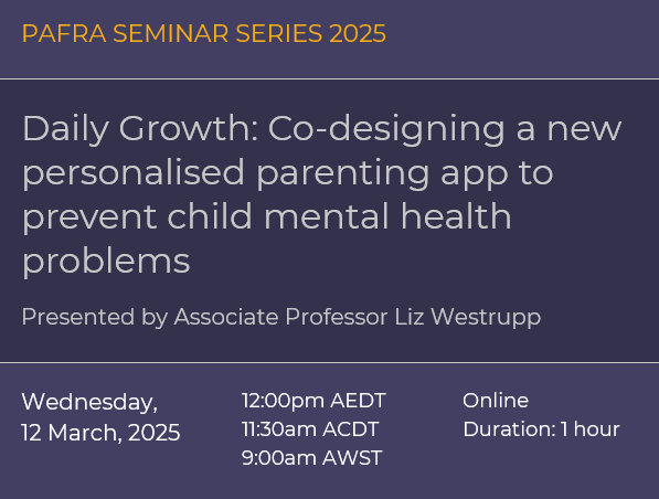 ACU_ICPS (@acu_icps) on Twitter photo Come to the next <a href="/PAFRA_Official/">Parenting and Family Research Alliance</a> seminar featuring Associate Professor <a href="/LizWestrupp/">Associate Professor Liz Westrupp</a> who will talk about the ‘Daily Growth’ parenting app, a partnership between Deakin University, Meli & Aboriginal organisation Wayapa Wuurrk
eventbrite.com.au/e/pafra-semina… Come to the next <a href="/PAFRA_Official/">Parenting and Family Research Alliance</a> seminar featuring Associate Professor <a href="/LizWestrupp/">Associate Professor Liz Westrupp</a> who will talk about the ‘Daily Growth’ parenting app, a partnership between Deakin University, Meli & Aboriginal organisation Wayapa Wuurrk
eventbrite.com.au/e/pafra-semina…